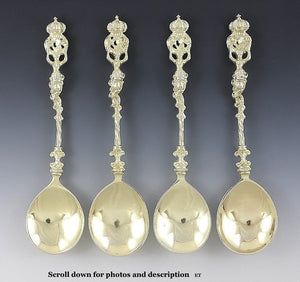 4 Antique Art Nouveau Gilt German Silver Crown Apostle Style Spoons