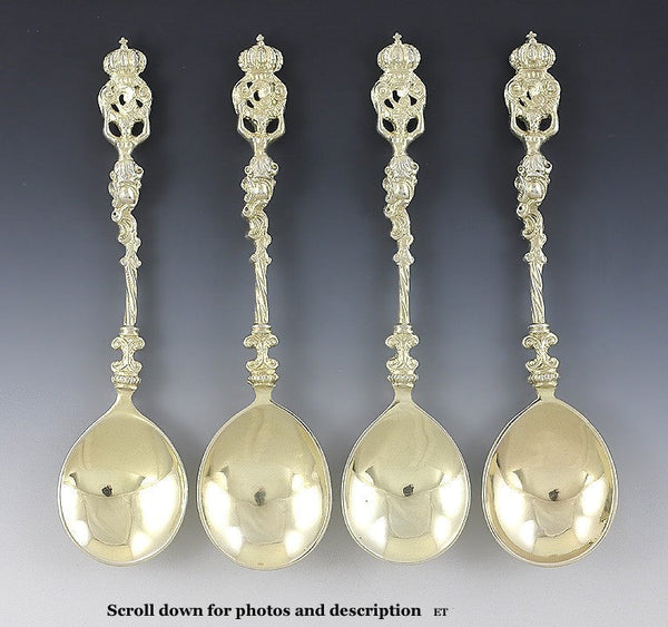 4 Antique Art Nouveau Gilt German Silver Crown Apostle Style Spoons