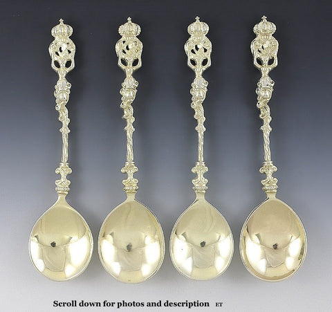 4 Antique Art Nouveau Gilt German Silver Crown Apostle Style Spoons