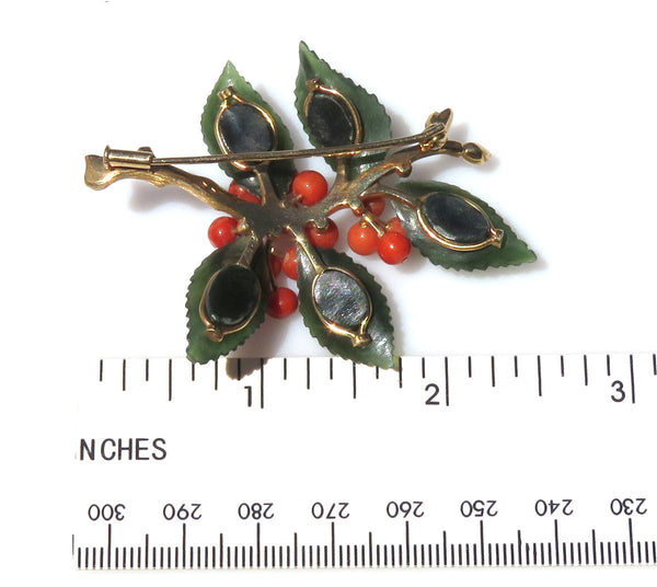 Superb VTG Austrian 14k Gold Jade Coral Holly Leaf Berry Pin Brooch