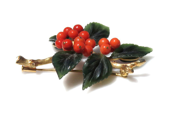 Superb VTG Austrian 14k Gold Jade Coral Holly Leaf Berry Pin Brooch