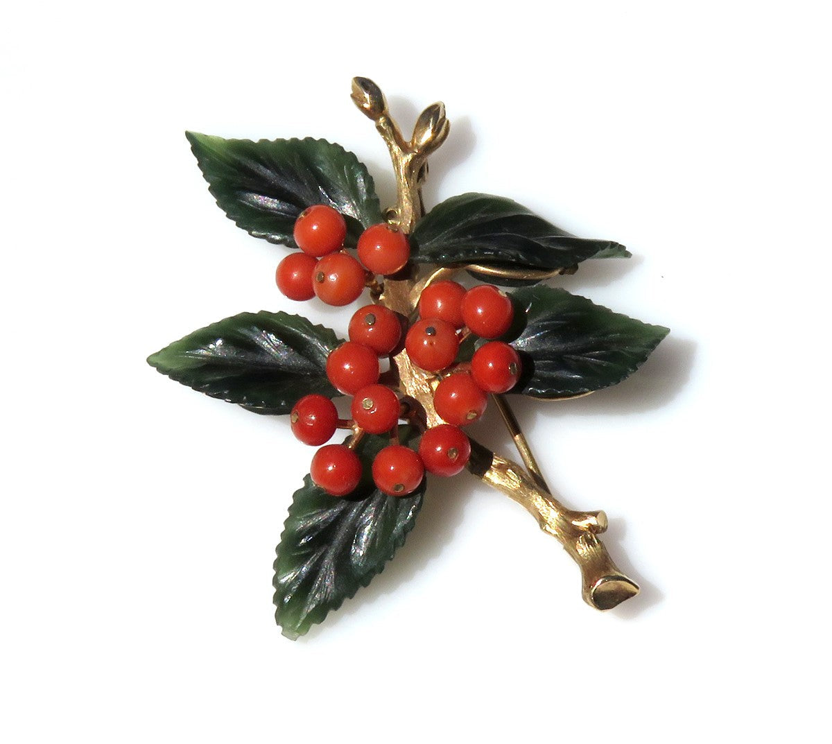 Superb VTG Austrian 14k Gold Jade Coral Holly Leaf Berry Pin Brooch