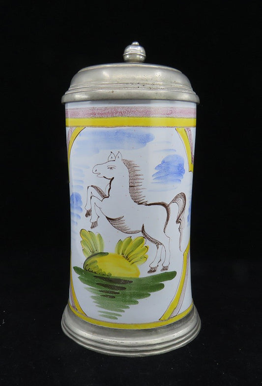 Charming mid 1800s German Faience Beer Stein 1L Rearing Horse Scene Pewter Lid