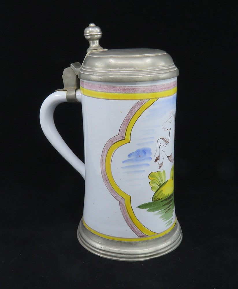 Charming mid 1800s German Faience Beer Stein 1L Rearing Horse Scene Pewter Lid