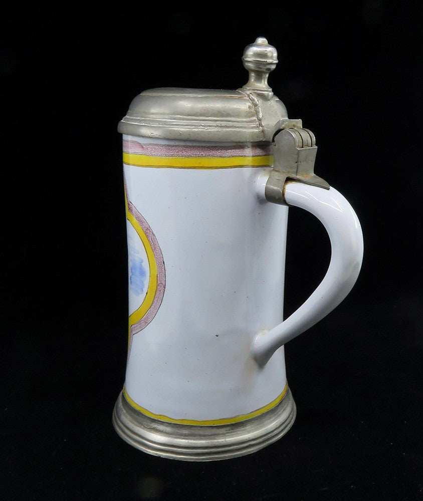 Charming mid 1800s German Faience Beer Stein 1L Rearing Horse Scene Pewter Lid
