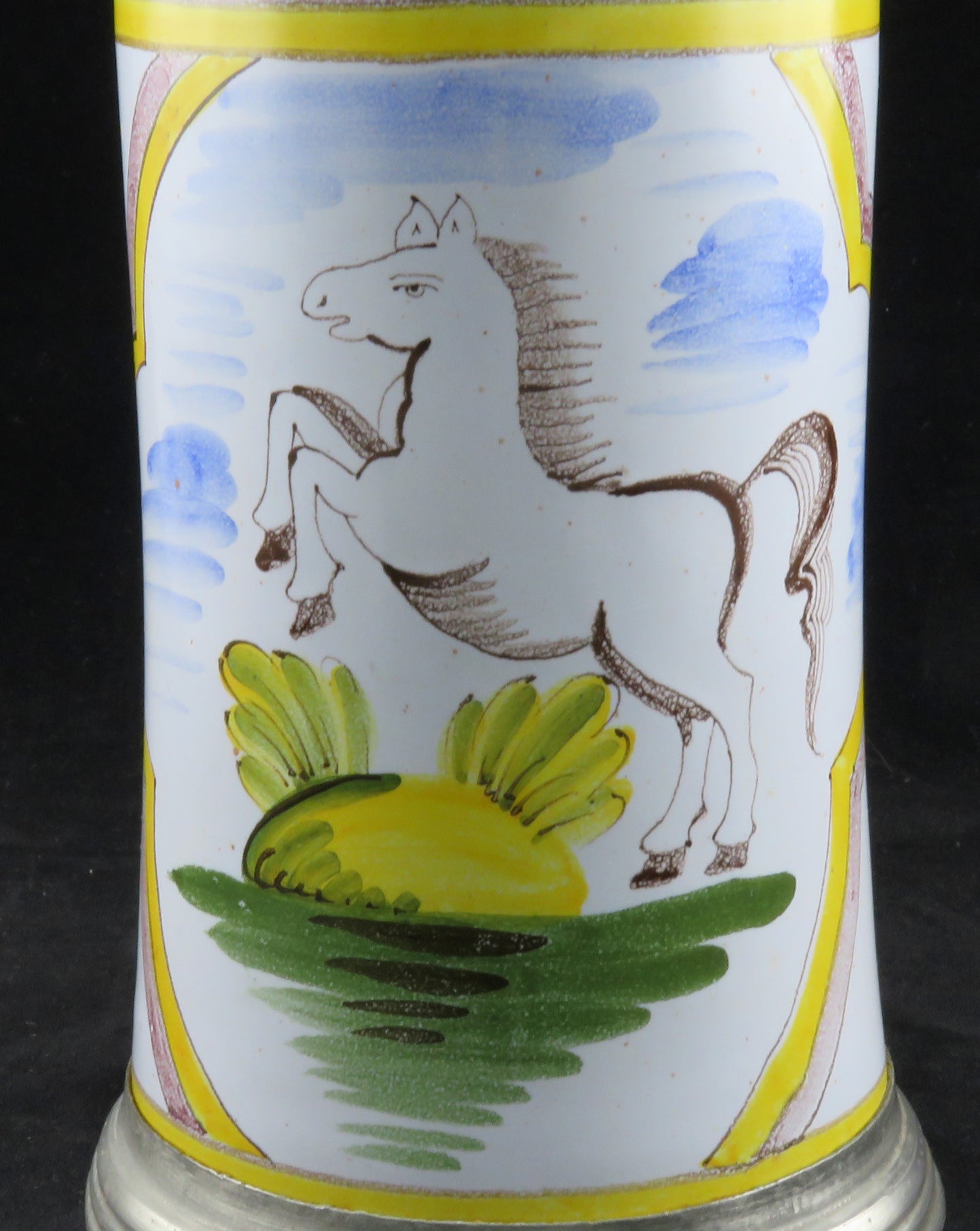 Charming mid 1800s German Faience Beer Stein 1L Rearing Horse Scene Pewter Lid