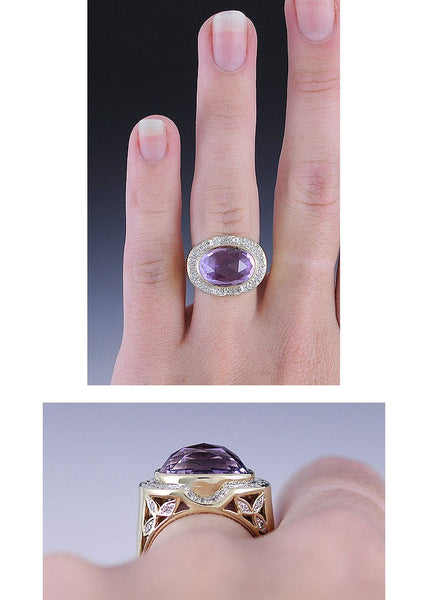 14K Yellow Gold Huge Amethyst Diamond Leaf Ring Size 7