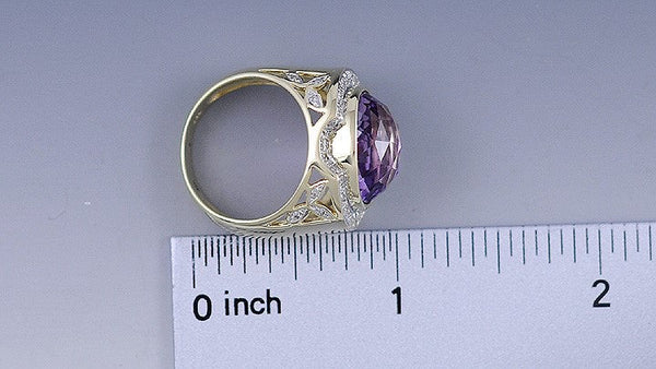 14K Yellow Gold Huge Amethyst Diamond Leaf Ring Size 7