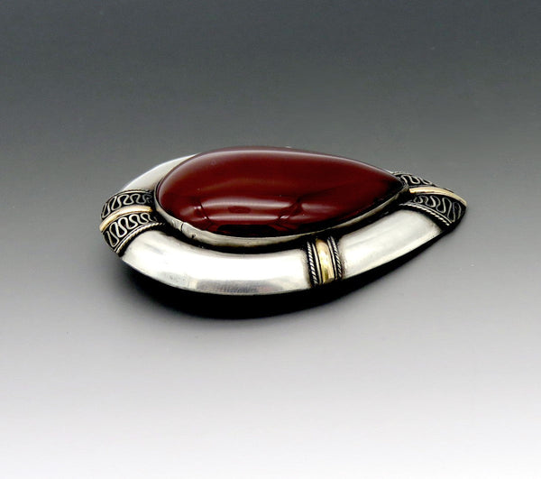 Huge Vintage Thai South Asian Sterling Carnelian Stone Statement Pin Brooch