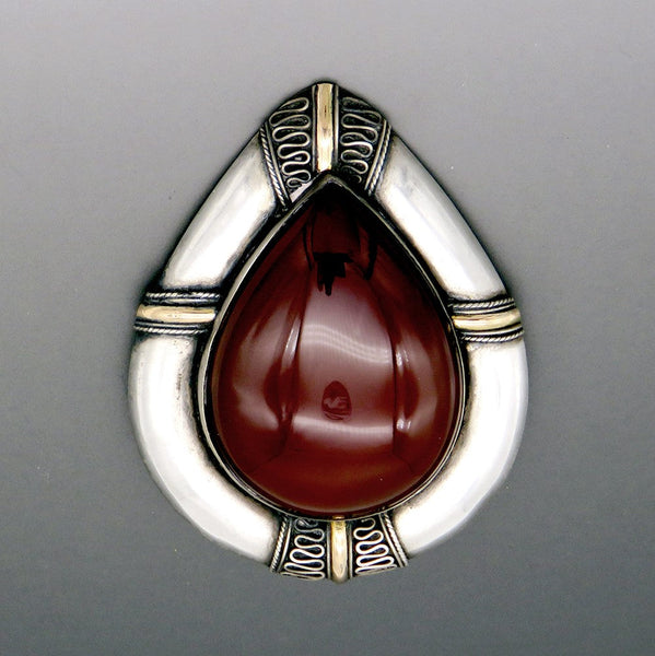 Huge Vintage Thai South Asian Sterling Carnelian Stone Statement Pin Brooch