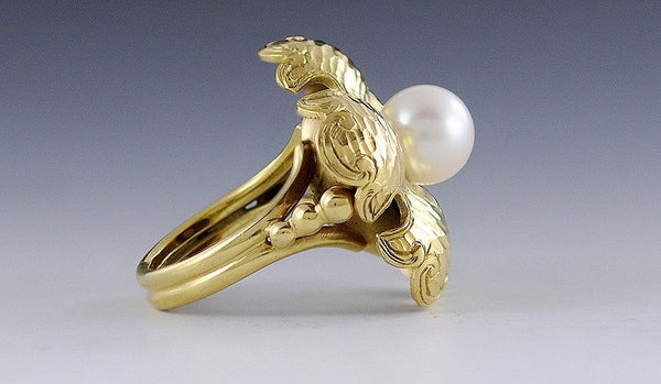 Exceptional 14K and 18K Gold 7.7mm Pearl Flower Form Diamond Cut Cocktail Ring