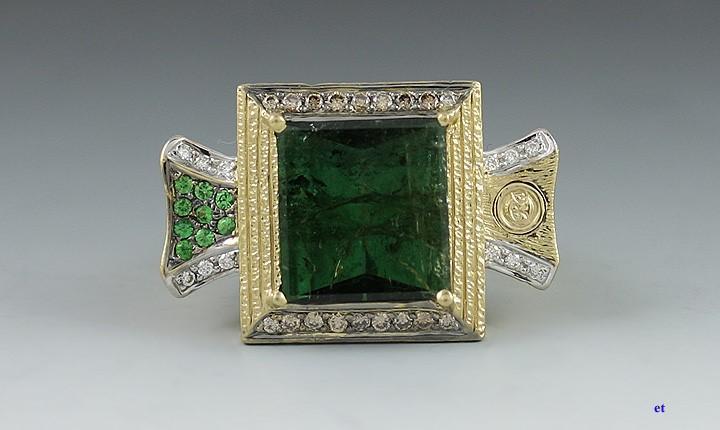 Designer 18k Gold Tourmaline White & Yellow Diamond Demantoid Garnet Ring