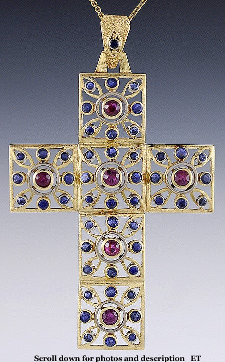 Beautiful Jeweled 18k Yellow Gold Ruby Blue Sapphire Openwork Cross Pendant