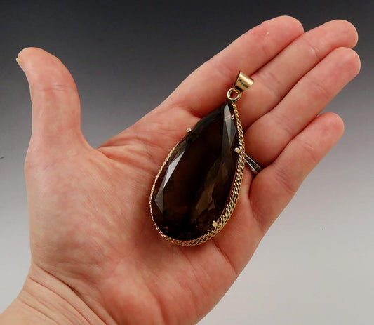 Huge 14K Gold & 175 ct Brown Topaz Gemstone Statement Pendant 3 1/4" 55.2g