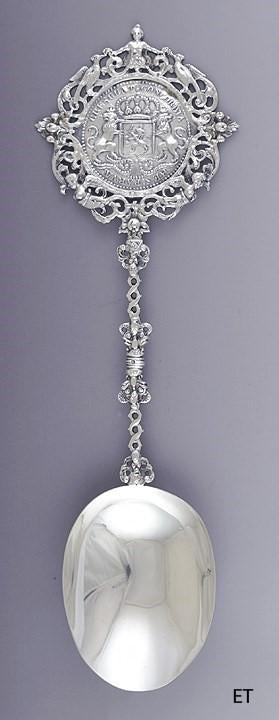 1895 Fab Dutch .833 Silver Serving Spoon w Nice Crest Medallion Design 14"