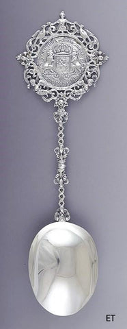 1895 Fab Dutch .833 Silver Serving Spoon w Nice Crest Medallion Design 14"