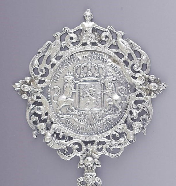 1895 Fab Dutch .833 Silver Serving Spoon w Nice Crest Medallion Design 14"