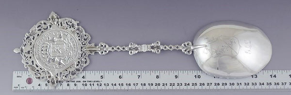 1895 Fab Dutch .833 Silver Serving Spoon w Nice Crest Medallion Design 14"
