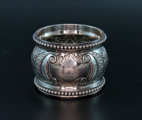 1850s American Coin Silver Large Napkin Ring Hand Chased Barns Trees