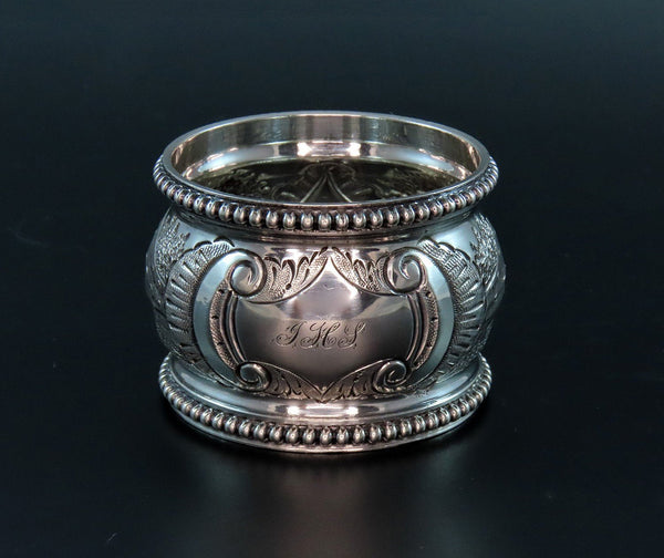 1850s American Coin Silver Large Napkin Ring Hand Chased Barns Trees