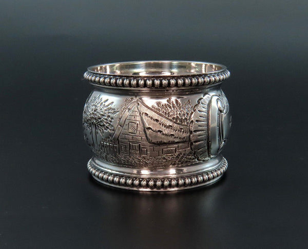 1850s American Coin Silver Large Napkin Ring Hand Chased Barns Trees