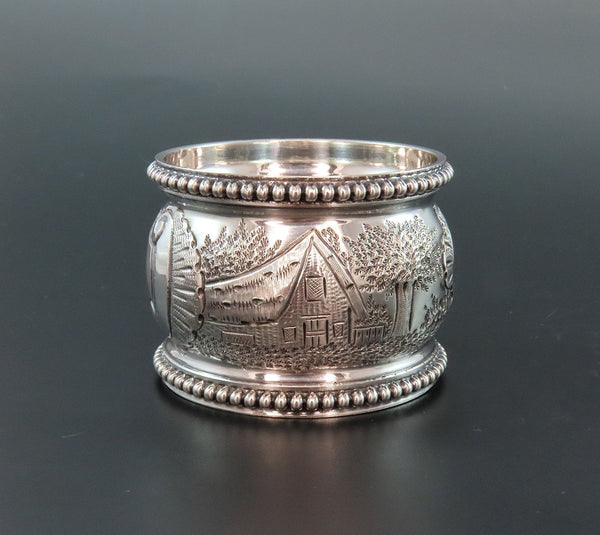 1850s American Coin Silver Large Napkin Ring Hand Chased Barns Trees