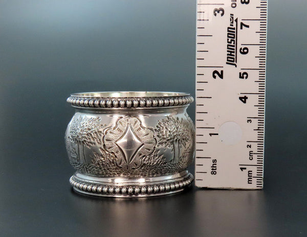 1850s American Coin Silver Large Napkin Ring Hand Chased Barns Trees