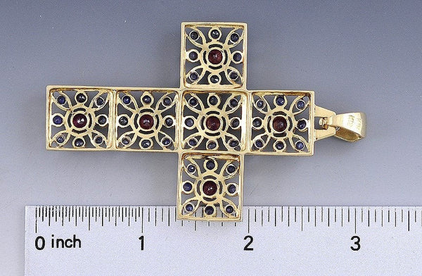 Beautiful Jeweled 18k Yellow Gold Ruby Blue Sapphire Openwork Cross Pendant