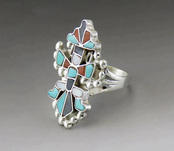 Handcrafted Native American Indian Sterling Silver Onyx Turquoise Shell Ring