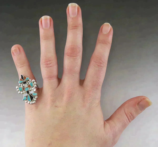 Handcrafted Native American Indian Sterling Silver Onyx Turquoise Shell Ring