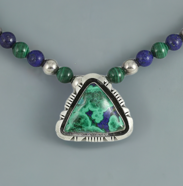 Native American Southwest Sterling Silver Malachite Lapis Lazuli Necklace