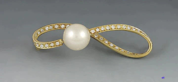 Stunning Pearl Diamond 18k Yellow Gold Infinity Ribbon Form Pin Brooch