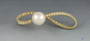 Stunning Pearl Diamond 18k Yellow Gold Infinity Ribbon Form Pin Brooch