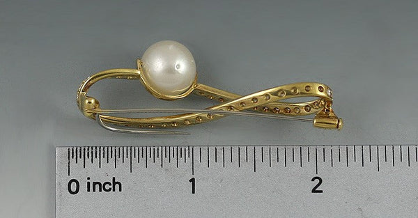 Stunning Pearl Diamond 18k Yellow Gold Infinity Ribbon Form Pin Brooch