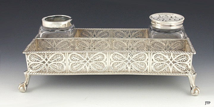 1758 English Sterling Filigree Inkwell Desk Stand