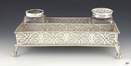 1758 English Sterling Filigree Inkwell Desk Stand