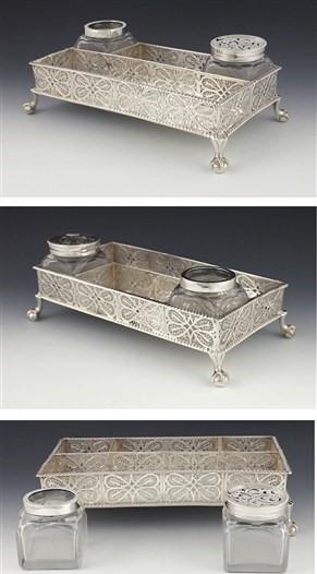 1758 English Sterling Filigree Inkwell Desk Stand