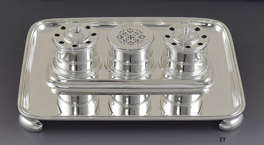 1916 English Crichton Sterling Silver Queen Anne Style Standish Inkwell Set