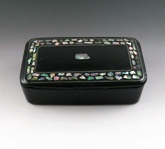 Mid 1800s Victorian Black Lacquer Papier Mache Abalone Inlay Snuff Box