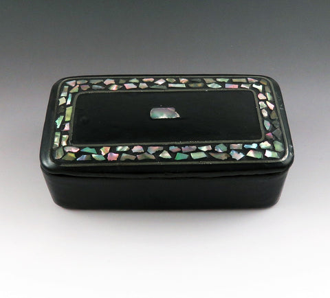 Mid 1800s Victorian Black Lacquer Papier Mache Abalone Inlay Snuff Box