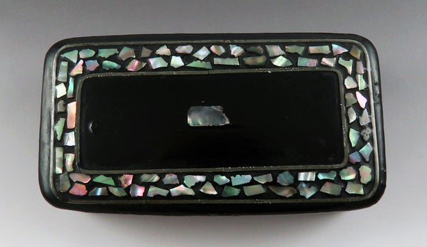 Mid 1800s Victorian Black Lacquer Papier Mache Abalone Inlay Snuff Box