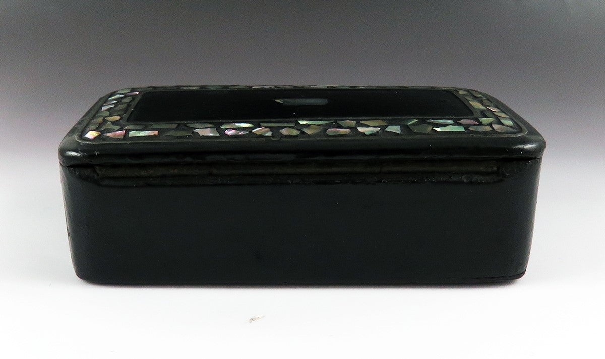 Mid 1800s Victorian Black Lacquer Papier Mache Abalone Inlay Snuff Box
