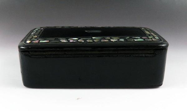 Mid 1800s Victorian Black Lacquer Papier Mache Abalone Inlay Snuff Box