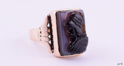 1890-1910 Antique 14k Rose Gold and Sardonyx Greco-Roman Profile Ring, Sz 9.25