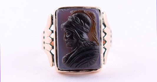 1890-1910 Antique 14k Rose Gold and Sardonyx Greco-Roman Profile Ring, Sz 9.25
