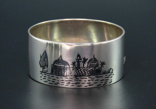 Neat Middle Eastern Silver Napkin Ring Engraved "Irene" Enamel Painted Scenes