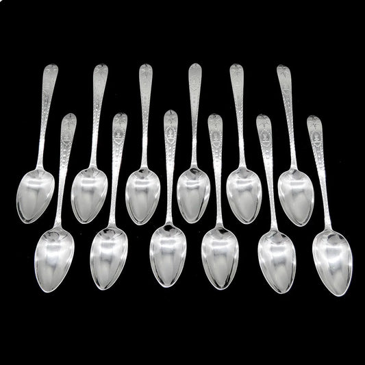 12 1801 Sterling Silver Irish Star Dessert or Place Spoons w Hopkins Crest