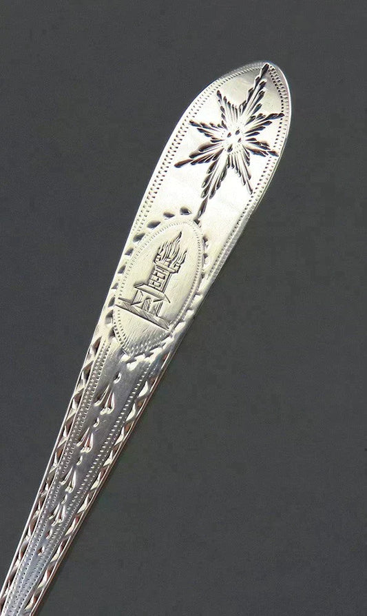 12 1801 Sterling Silver Irish Star Dessert or Place Spoons w Hopkins Crest