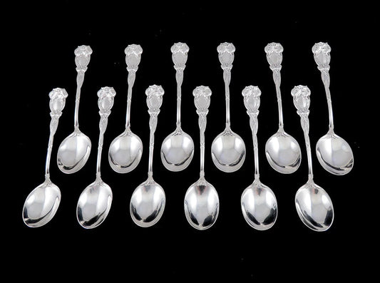 12 Antique Art Nouveau Durgin Tulip Sterling Silver Bouillon Dessert Spoon 5 3/8