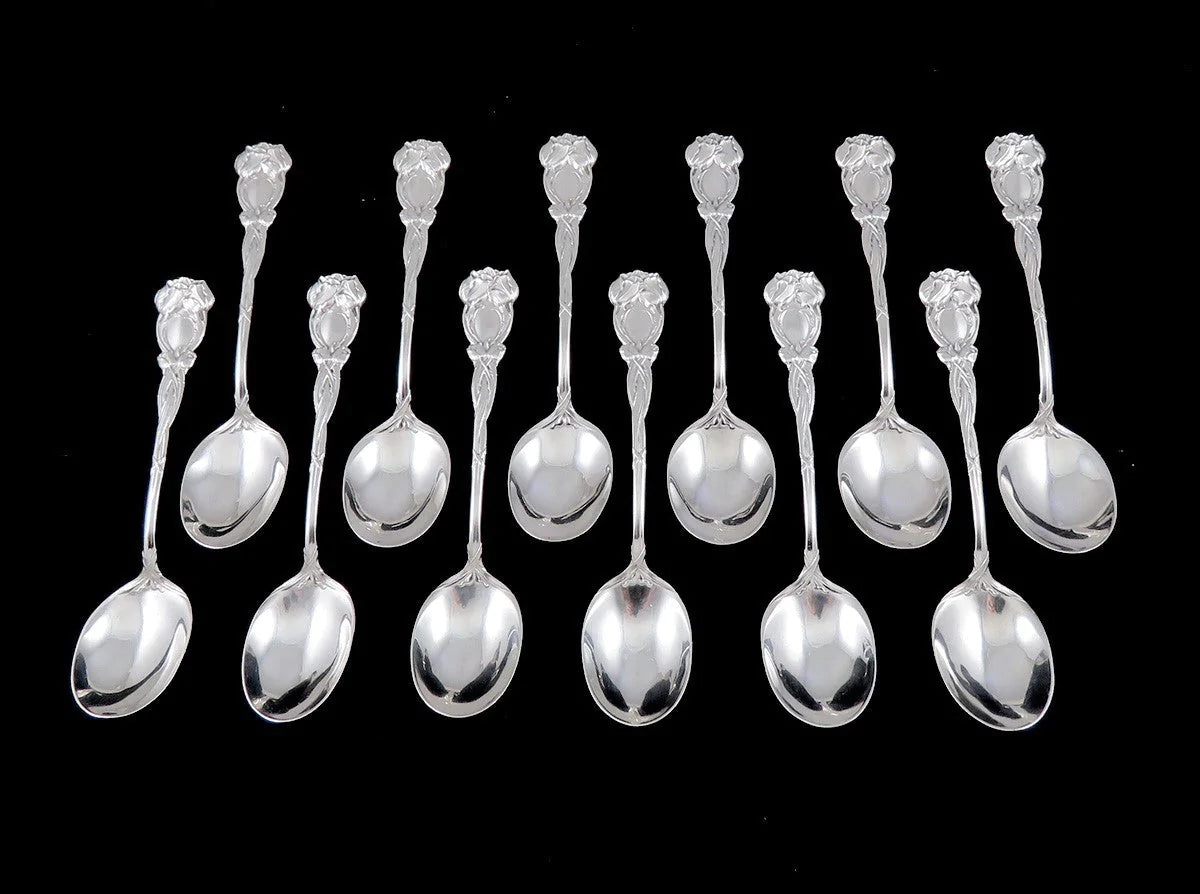 12 Antique Art Nouveau Durgin Tulip Sterling Silver Bouillon Dessert Spoon 5 3/8